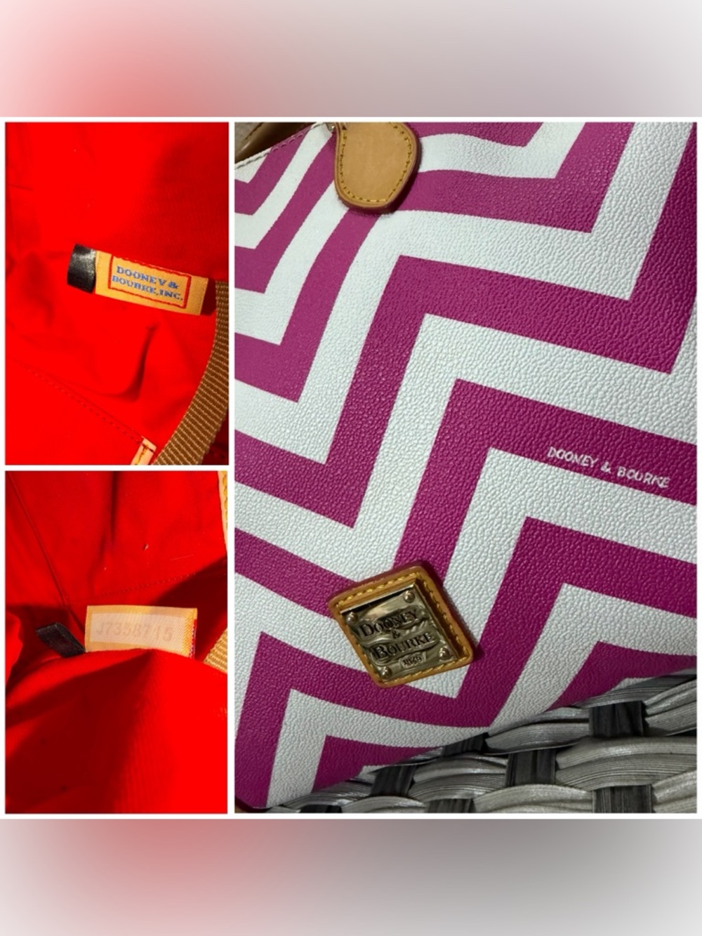 Dooney & Bourke Pink & White Geena Chevron Top Handle Satchel - Tan Leather Trim - Picture 4 of 16
